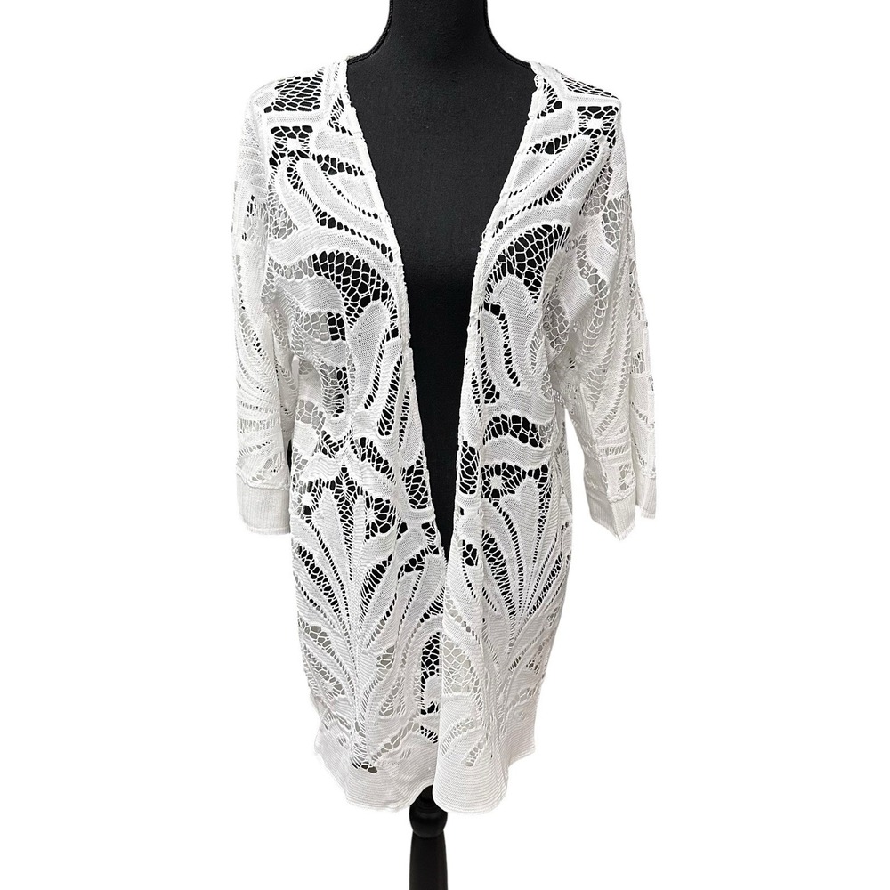 Joan Vass White Swim Cover Size Small 3/4 Sleeve Open Front Lace Kimono Top